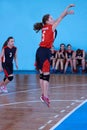 Russia, Izhevsk - April 26, 2017:Female basketball team playing game. Royalty Free Stock Photo