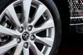 Russia, Izhevsk - April 21, 2018:Showroom Toyota. Wheel disk of the new Toyota Camry.