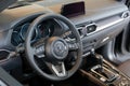 Russia, Izhevsk - August 06, 2020: Mazda showroom. Interior of new Mazda CX-5 car with automatic transmission