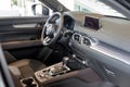 Russia, Izhevsk - August 06, 2020: Mazda showroom. Interior of new Mazda CX-5 car. Famous world brand