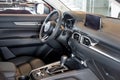 Russia, Izhevsk - August 06, 2020: Mazda showroom. Interior of new modern car Mazda CX-5. Famous world brand