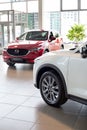 Russia, Izhevsk - August 06, 2020: New prestigious CX-5 cars in the Mazda showroom
