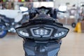 Russia, Izhevsk - August 23, 2019: Yamaha motorcycle shop. New modern motorbike FJR1300 in motorcycle store. Back view