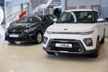 Russia, Izhevsk - December 28, 2020: KIA showroom. New Ceed SW and Soul in dealer showroom. Front and side view