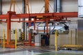 Russia, Izhevsk - December 15, 2018: LADA Automobile Plant. The body of new car on the hydraulic lift conveyor line