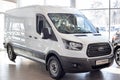 Russia, Izhevsk - February 17, 2021: Ford showroom. New Transit van in the dealer showroom. Famous world brand Royalty Free Stock Photo