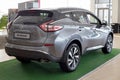 Russia, Izhevsk - February 19, 2021: New modern Murano car in the Nissan showroom. Back and side view. Famous world brand