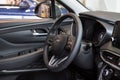 Russia, Izhevsk - October 10, 2019: Hyundai showroom. Interior of new modern Santa Fe with automatic transmission