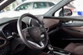 Russia, Izhevsk - October 30, 2019: Hyundai showroom. Interior of new modern Santa Fe. Famous world brand