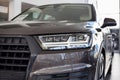 Russia, Izhevsk - September 11, 2019: New modern Q7 Quattro in the Audi showroom. Cropped image. Famous world brand