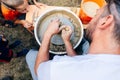 russia - june, 2019 Pottery workshop for kids. Children learning how to use clay for making beautiful dishes. Workshop