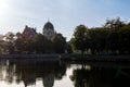 5. 10. 2023, Russia, Kalingrad, embankment of the Pregolya River, behind the trees the roof of the synagogue and the