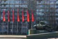 T34 tank on a pedestal, monument of the Second Great Patriotic War, Soviet T34 tank, Russia, Kaliningrad region, Marshal