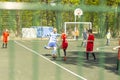 Russia Kaliningrad 2019 teenagers playing football on the covered area