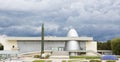 Russia, Kaluga, August 14, 2020. Kaluga Museum of Cosmonautics. Rocket, planetarium dome, park in front of the building,