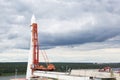 Russia, Kaluga, August 14, 2020. Kaluga Museum of Cosmonautics. Rocket, planetarium dome, park in front of the building,