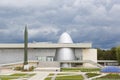 Russia, Kaluga, August 14, 2020. Kaluga Museum of Cosmonautics. Rocket, planetarium dome, park in front of the building,