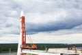 Russia, Kaluga, August 14, 2020. Kaluga Museum of Cosmonautics. Rocket, planetarium dome, park in front of the building,