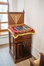 Russia, Kaluga - CIRCA August 2018: Synagogue inside with Torah books at the stand Royalty Free Stock Photo