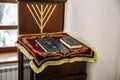 Russia, Kaluga - CIRCA August 2018: Synagogue inside with Torah books at stand Royalty Free Stock Photo