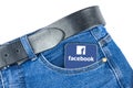 Russia Kaluga 03.07.2020 In the pocket of your trousers there is a phone with the logo of the Facebook social network