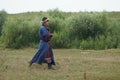 RUSSIA, KALUGA REGION, DZERZHINSKY DISTRICT, DVORTSY - JUL 14, 2018: Reconstruction of military operations in 1480. Warrior in Mon