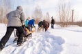 Russia. Kazan. 14 Feb. Dog sled team of siberian huskies out mushing on snow pulling a sled that is out of frame through a winter