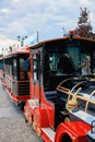 Russia, Kazan, June 2019. Close-up of a multicolored railless tourist train in an old retro style