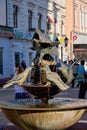 Russia, Kazan June 2019. A small decorative metal fountain with the image of drinking pigeons