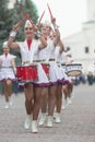 RUSSIA, KAZAN 09-08-2019: A wind instrument parade - women in small skirts playing red drums