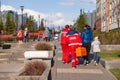 Russia Kemerovo 2019-05-21 Ambulance team of a woman in a red uniform with an orange medicine case is walking down the