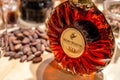 Russia Kemerovo 16-11-2018 buffet table degustation with nuts and snacks luxury vip cognac in crystal bottle Remy Martin XO and