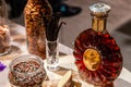 Russia Kemerovo 16-11-2018 buffet table degustation with nuts and snacks luxury vip cognac in crystal bottle Remy Martin XO and Royalty Free Stock Photo