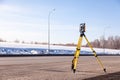 Russia Kemerovo 2019-03-15. Land surveyor equipment. Robotic total station theodolite standing on tripod. Equipment used for