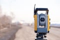 Russia Kemerovo 2019-03-15. Land surveyor equipment. Robotic total station theodolite standing on tripod. Equipment used for