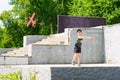 1.06.2020 Russia Kemerovo. A little boy launches a toy airplane into the air