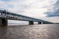 Russia, Khabarovsk, August 2019: Road bridge on the Amur river in the city of Khabarovsk in the summer