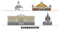 Russia, Khabarovsk flat landmarks vector illustration. Russia, Khabarovsk line city with famous travel sights, skyline