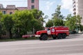 Russia, Khabarovsk, July 14, 2020: Fire truck on the Central street of the city of Khabarovsk