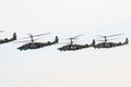 Russia, Khabarovsk - May 9, 2020: K-52 helicopters alligator fly in formation Royalty Free Stock Photo