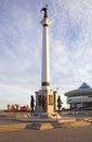 Russia, Khanty-Mansiysk. A stele in honor of great travelers located on the embankment of the Irtysh River