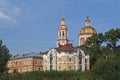 Russia, Kirov region, Kirov, August 2021: view of the houses and the Cathedral of the Saviour of the Miraculous Image