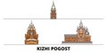 Russia, Kizhi Pogost flat landmarks vector illustration. Russia, Kizhi Pogost line city with famous travel sights