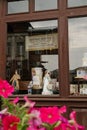 08/21/2021 Russia, Kolomna. Glass showcase of the museum of soap with dolls