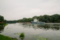 08/21/2021 Russia, Kolomna. An old rusty barge sails by on the Moscow River in summer