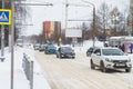 Russia Kostroma 02 13 2021: A car rides on the road in the snow after a snowfall in winter in Russia