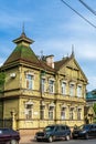 Russia, Kostroma, July 2020. The facade of an interesting wooden house built in the early 20th century.