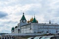 Russia, Kostroma, July 2020. View of the old Ipatiev Monastery from the parking lot. Royalty Free Stock Photo