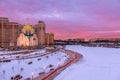 Cathedral of St. Nicholas. Frozen Moscow River and bright winter sunset.