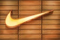 Russia, Krasnoyarsk, December 2, 2019: Nike logo on the facade of the brand store of the international world